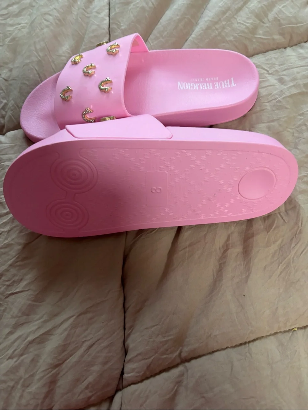 True Religion Pink Slide Sandals with Gold Horseshoe Studs